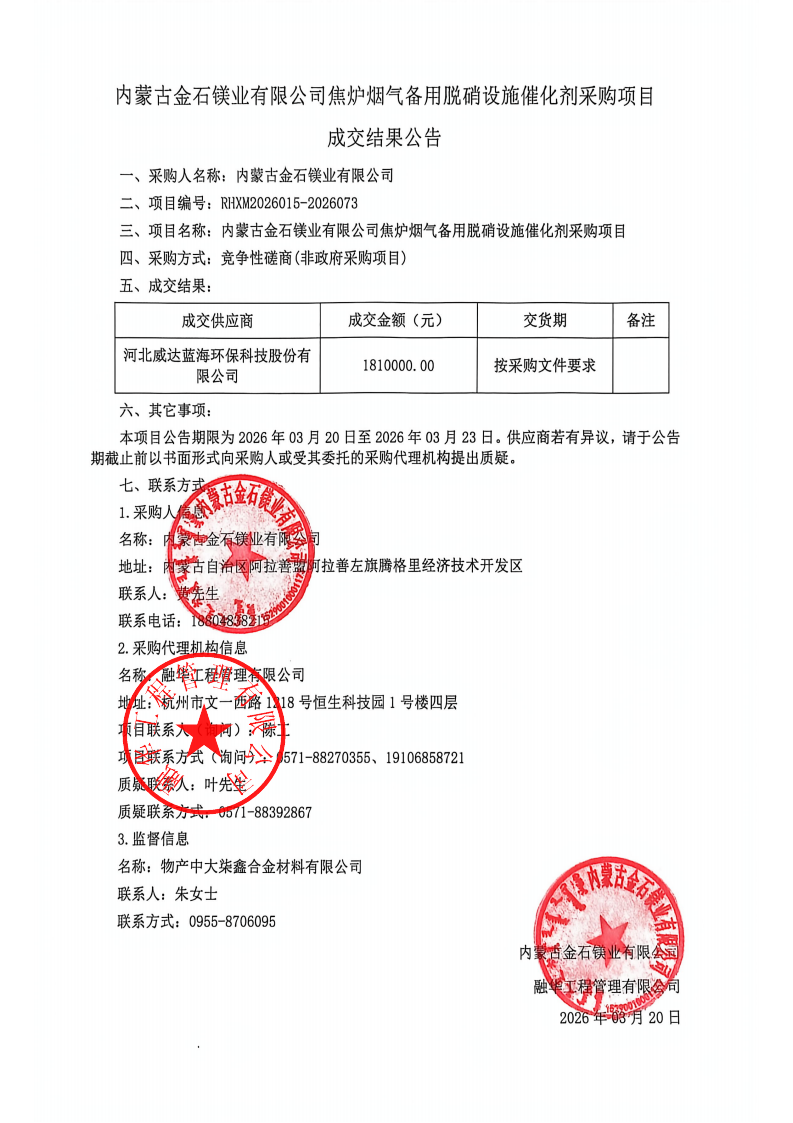内蒙古金石镁业有限公司焦炉烟气备用脱硝设施催化剂采购项目成交结果公告_01.png